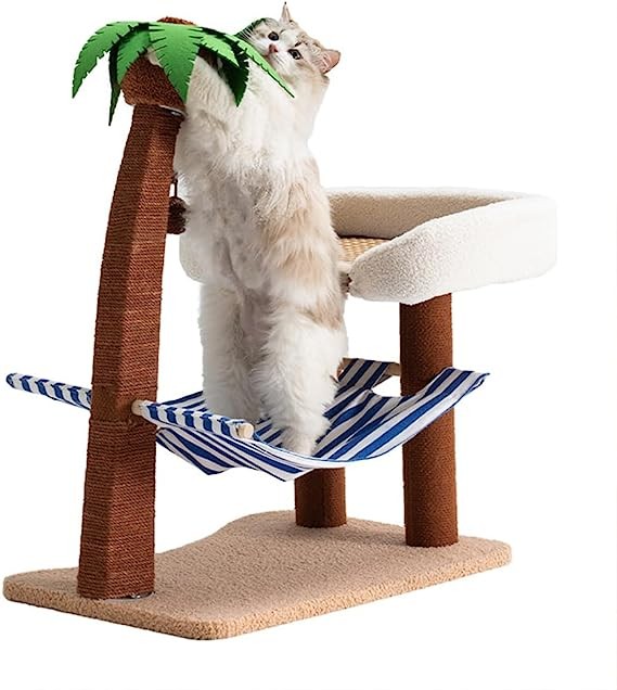 猫ベッド ハンモック 猫爪とぎ付き - 麻ロープキャットタワー 猫爪とぎ付き + 木製ハワイアンココナッツビーチ 椅子付き クールシート MDC ブルー