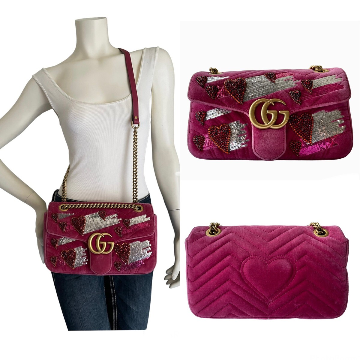 グッチ GGマーモント ベルベット ショルダー クロスボディバッグ ピンク ゴールド