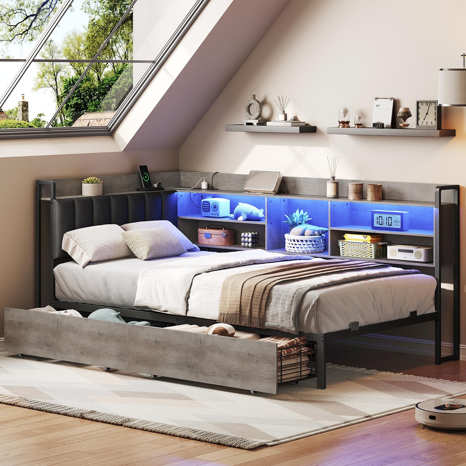 RALGEND コーナーベッドフレーム 書棚付き PUレザー張り